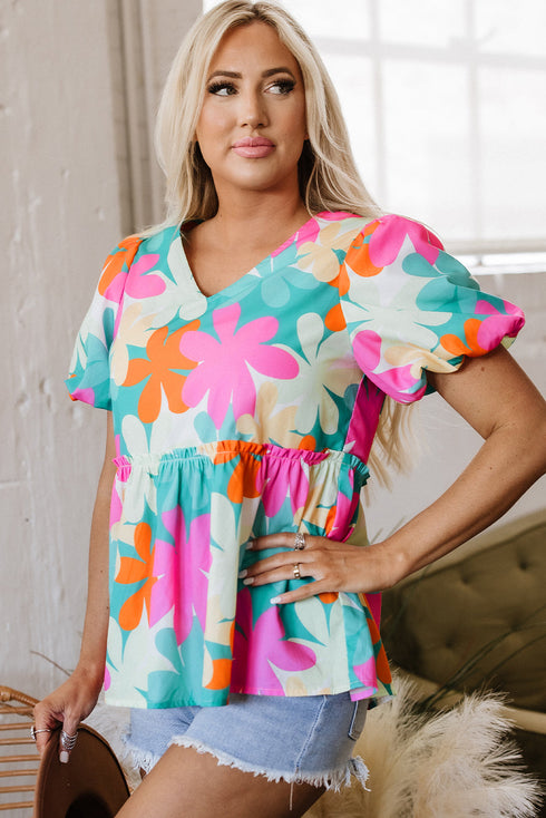 Vintage Floral Print Bubble Sleeve Peplum Blouse
