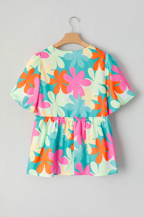 Vintage Floral Print Bubble Sleeve Peplum Blouse