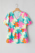 Vintage Floral Print Bubble Sleeve Peplum Blouse