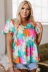 Vintage Floral Print Bubble Sleeve Peplum Blouse