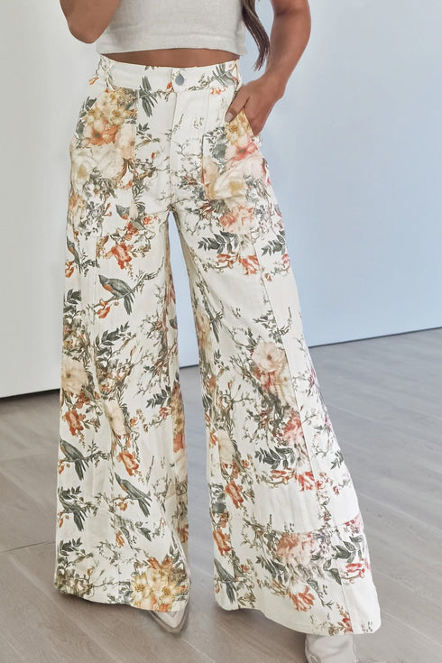 Vintage Floral Print High Waist Wide Leg Jeans