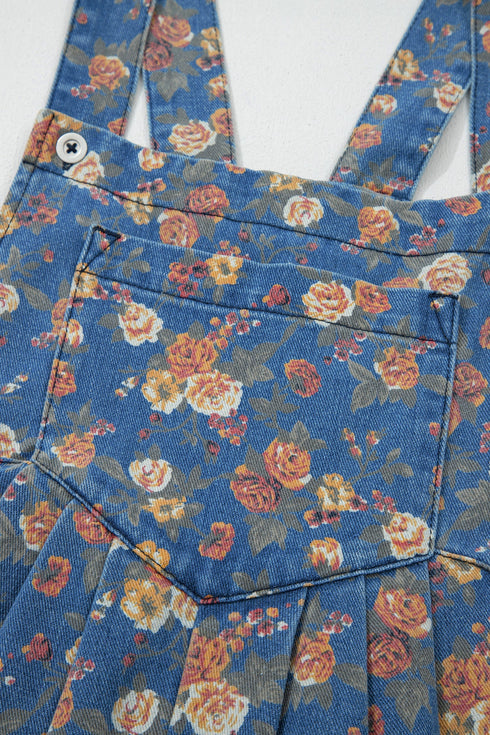 Vintage Floral Print Pleated Loose Denim Overall Jumpsuit