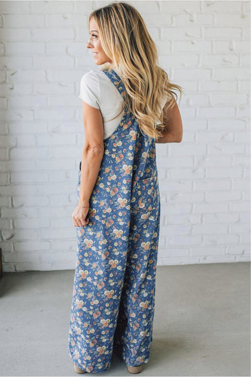 Vintage Floral Print Pleated Loose Denim Overall Jumpsuit