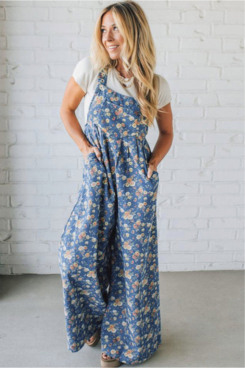 Vintage Floral Print Pleated Loose Denim Overall Jumpsuit