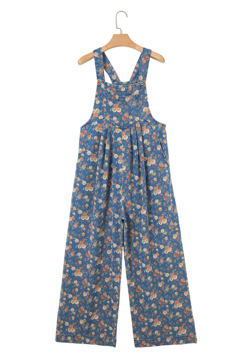 Vintage Floral Print Pleated Loose Denim Overall Jumpsuit