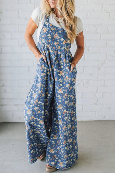 Vintage Floral Print Pleated Loose Denim Overall Jumpsuit