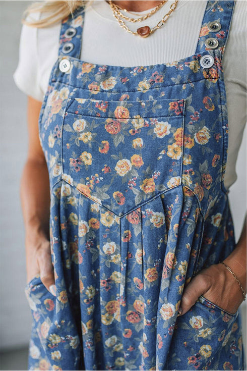 Vintage Floral Print Pleated Loose Denim Overall Jumpsuit