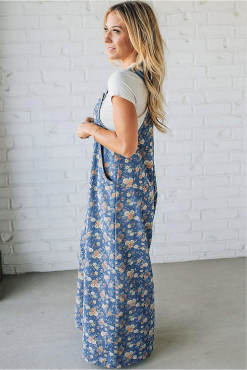 Vintage Floral Print Pleated Loose Denim Overall Jumpsuit