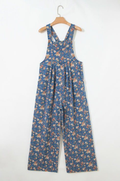 Vintage Floral Print Pleated Loose Denim Overall Jumpsuit