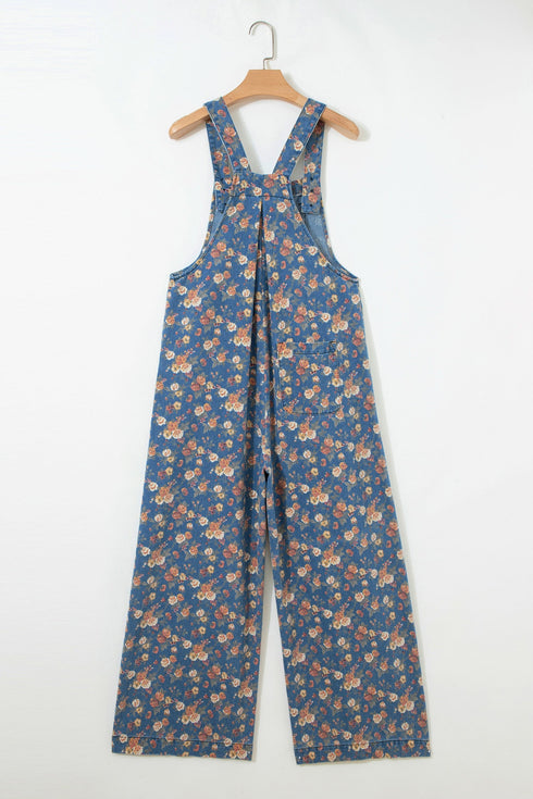 Vintage Floral Print Pleated Loose Denim Overall Jumpsuit