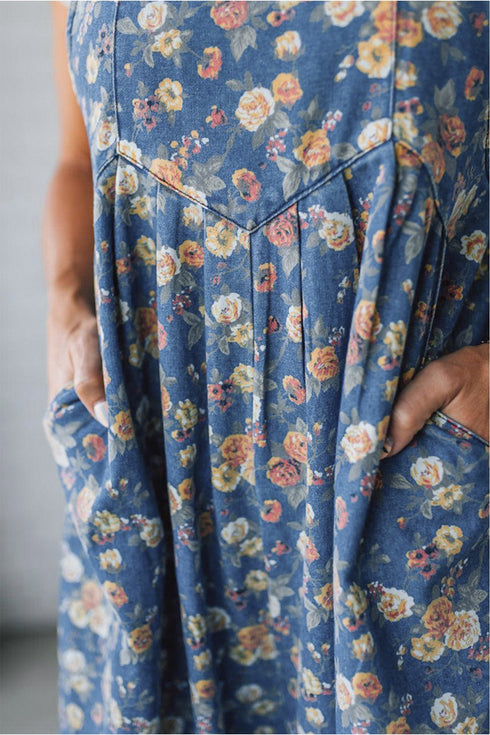 Vintage Floral Print Pleated Loose Denim Overall Jumpsuit