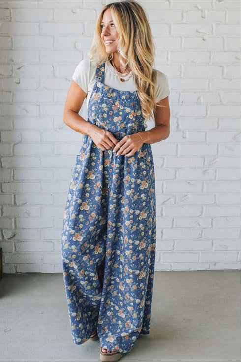 Vintage Floral Print Pleated Loose Denim Overall Jumpsuit