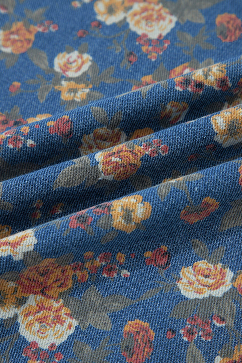 Vintage Floral Print Pleated Loose Denim Overall Jumpsuit