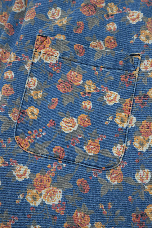 Vintage Floral Print Pleated Loose Denim Overall Jumpsuit