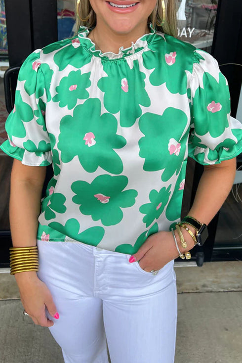 Vintage Floral Print Puff Sleeve Frill Neck Satin Blouse