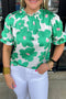 Vintage Floral Print Puff Sleeve Frill Neck Satin Blouse