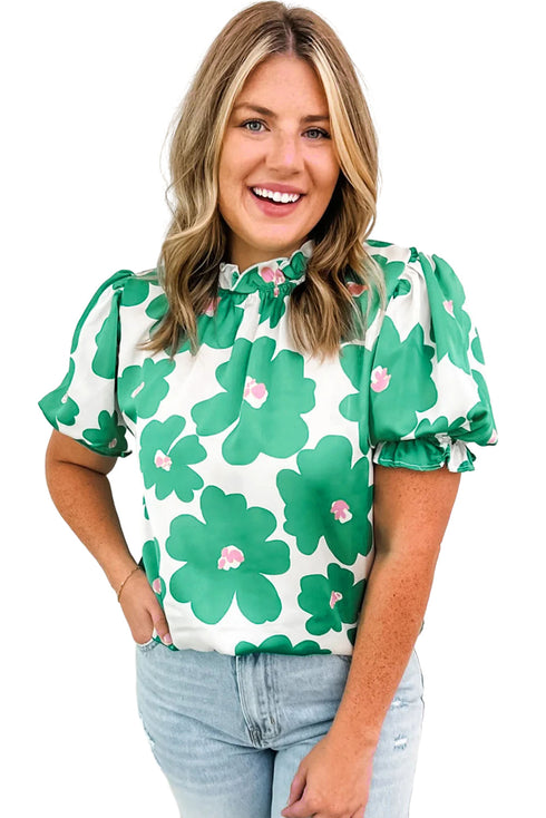 Vintage Floral Print Puff Sleeve Frill Neck Satin Blouse