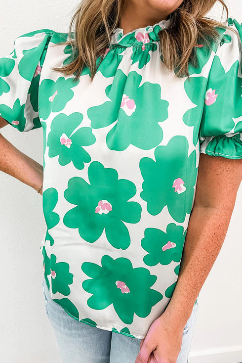 Vintage Floral Print Puff Sleeve Frill Neck Satin Blouse