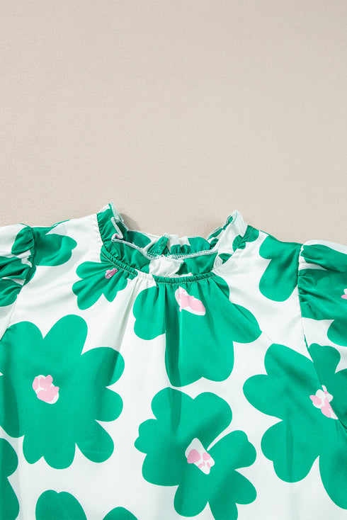 Vintage Floral Print Puff Sleeve Frill Neck Satin Blouse