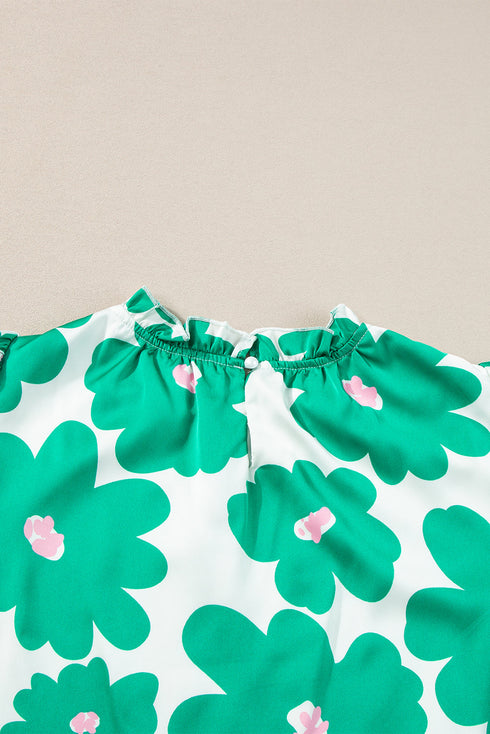 Vintage Floral Print Puff Sleeve Frill Neck Satin Blouse