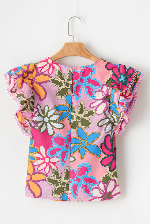 Vintage Floral Print Ruffle Sleeve V Neck Blouse