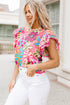 Vintage Floral Print Ruffle Sleeve V Neck Blouse