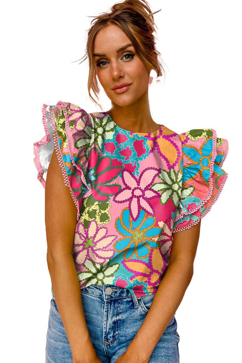 Vintage Floral Print Ruffle Sleeve V Neck Blouse