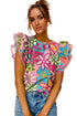 Vintage Floral Print Ruffle Sleeve V Neck Blouse