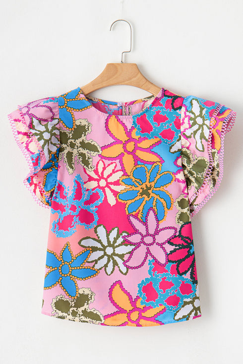 Vintage Floral Print Ruffle Sleeve V Neck Blouse