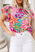 Vintage Floral Print Ruffle Sleeve V Neck Blouse