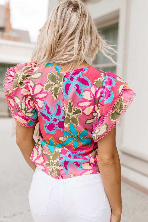 Vintage Floral Print Ruffle Sleeve V Neck Blouse