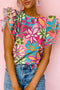 Vintage Floral Print Ruffle Sleeve V Neck Blouse