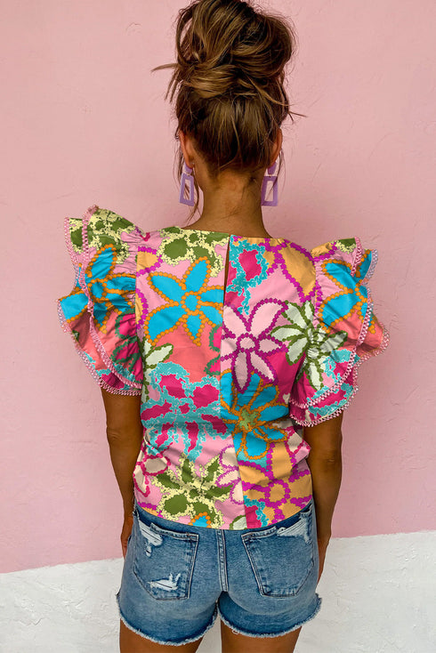 Vintage Floral Print Ruffle Sleeve V Neck Blouse