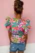 Vintage Floral Print Ruffle Sleeve V Neck Blouse