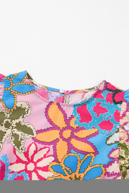 Vintage Floral Print Ruffle Sleeve V Neck Blouse