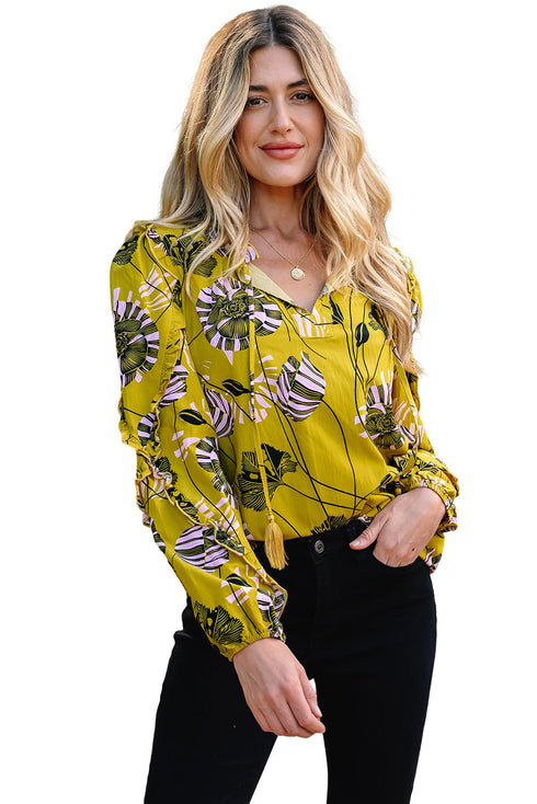 Vintage Floral Print Ruffle Trim Long Sleeve Blouse