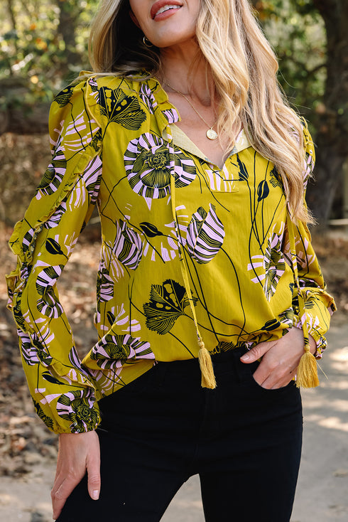 Vintage Floral Print Ruffle Trim Long Sleeve Blouse