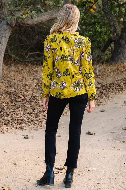 Vintage Floral Print Ruffle Trim Long Sleeve Blouse