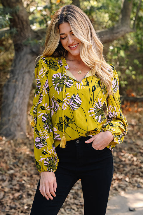 Vintage Floral Print Ruffle Trim Long Sleeve Blouse