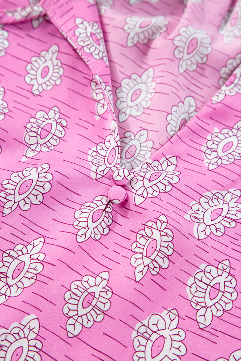 Vintage Floral Print Ruffled Split Neck Woven Blouse