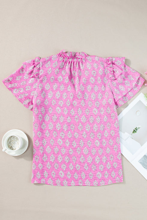 Vintage Floral Print Ruffled Split Neck Woven Blouse