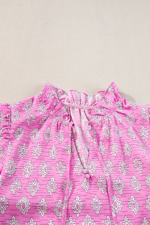 Vintage Floral Print Ruffled Split Neck Woven Blouse