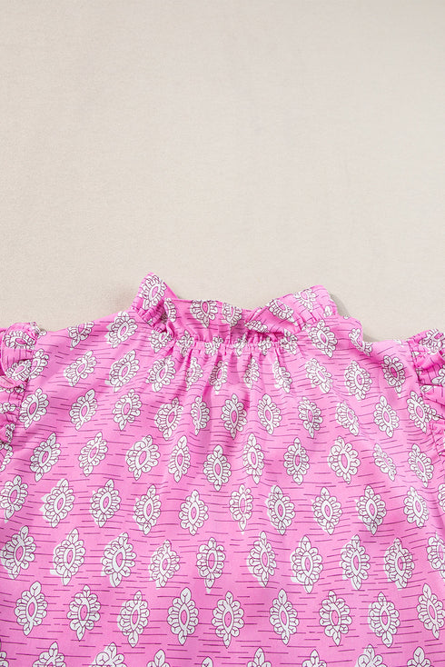 Vintage Floral Print Ruffled Split Neck Woven Blouse