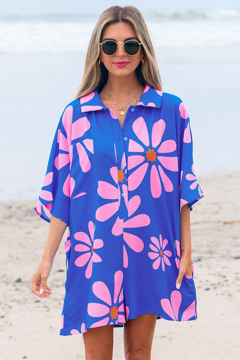 Vintage Floral Print Shirt Collar Button Front Loose Romper