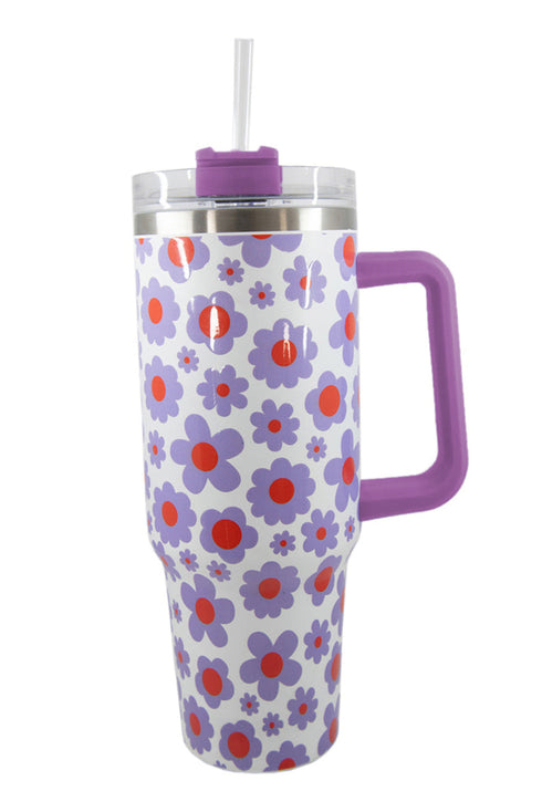 Vintage Floral Print Stainless Steel Travel Handle Tumbler