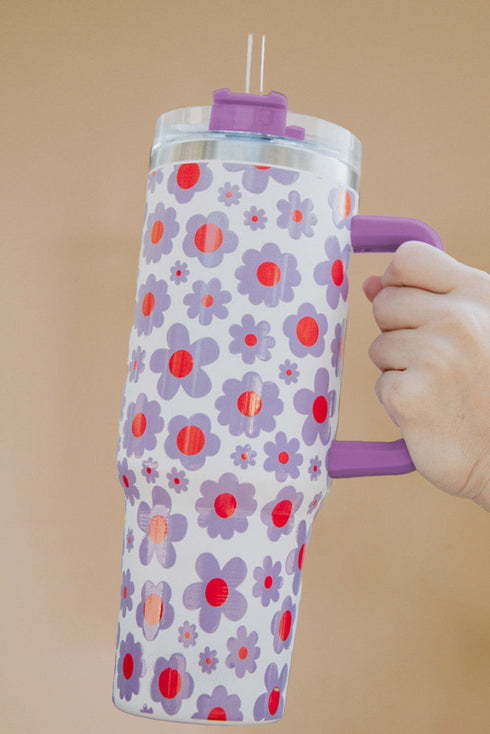 Vintage Floral Print Stainless Steel Travel Handle Tumbler