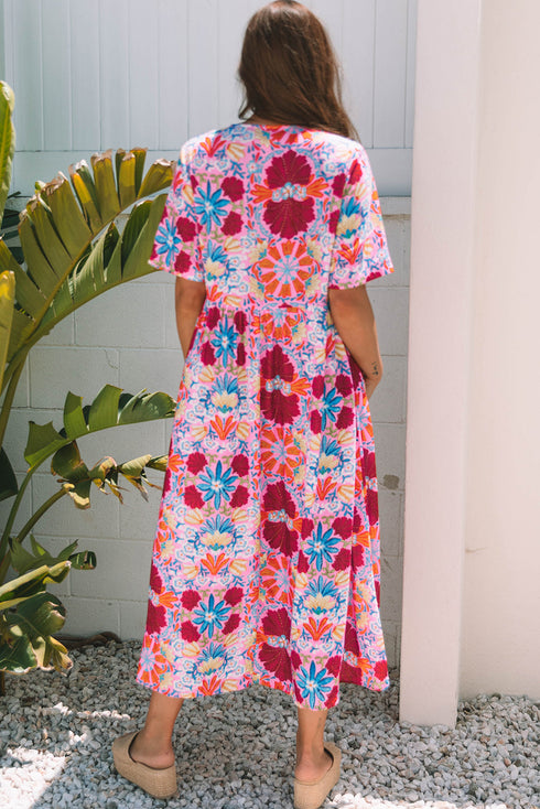 Vintage Floral Print Tie Front High Waist Maxi Dress