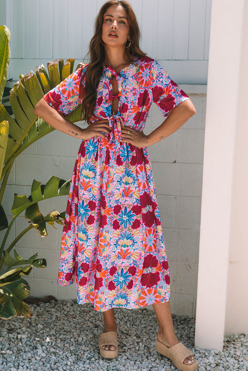 Vintage Floral Print Tie Front High Waist Maxi Dress