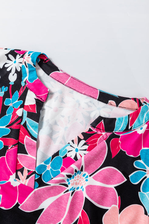 Vintage Floral Print V Neck Roll Tab Blouse