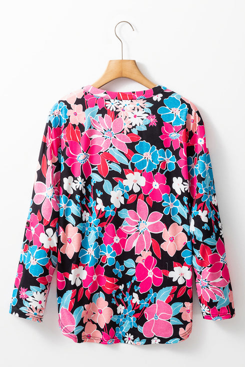 Vintage Floral Print V Neck Roll Tab Blouse